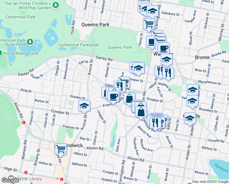 map of restaurants, bars, coffee shops, grocery stores, and more near 2 Roscrea Avenue in Randwick