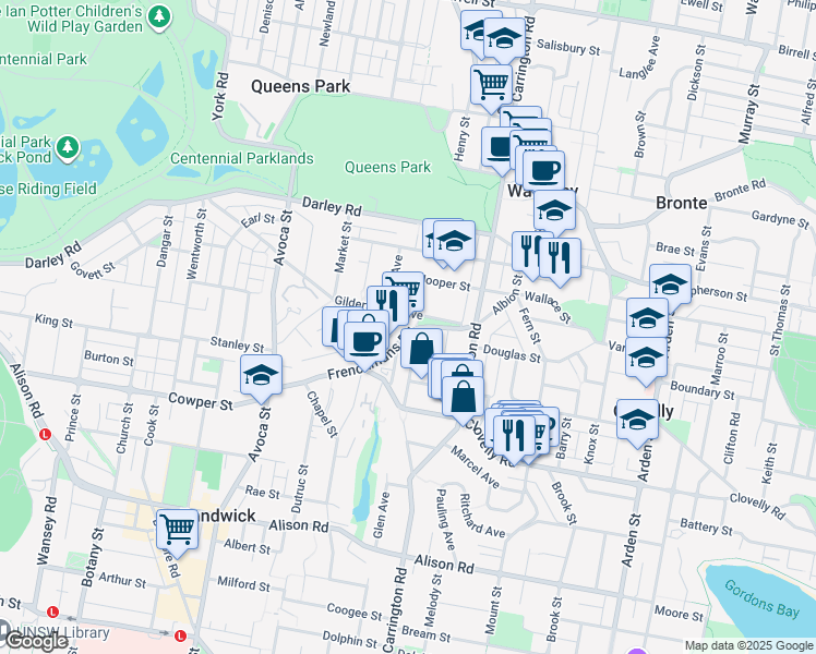 map of restaurants, bars, coffee shops, grocery stores, and more near 105 Frenchmans Road in Randwick