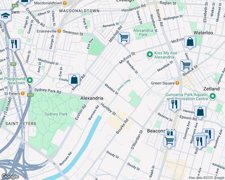 map of restaurants, bars, coffee shops, grocery stores, and more near Maddox Street in Alexandria