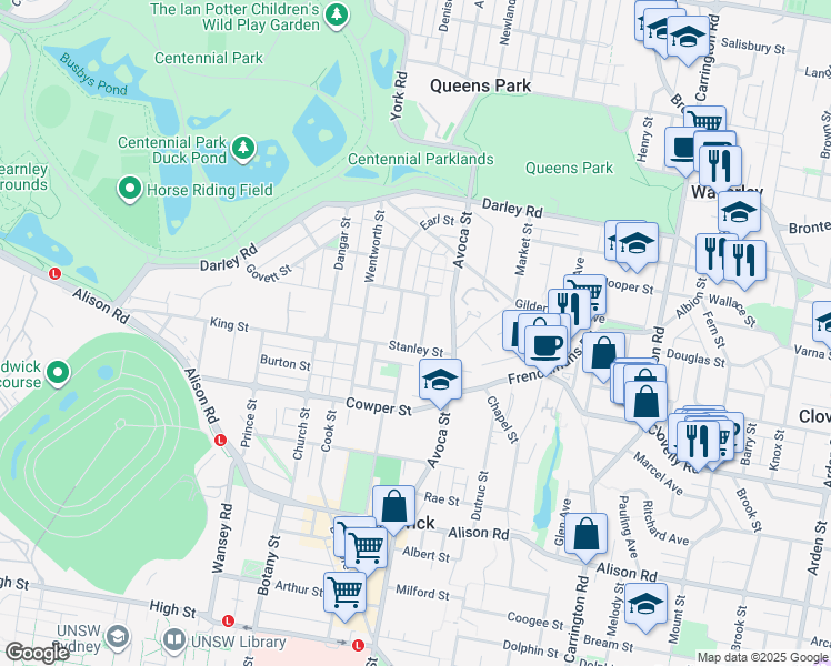 map of restaurants, bars, coffee shops, grocery stores, and more near 20 Chepstow Street in Randwick