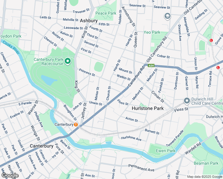 map of restaurants, bars, coffee shops, grocery stores, and more near 14 Vincent Street in Canterbury