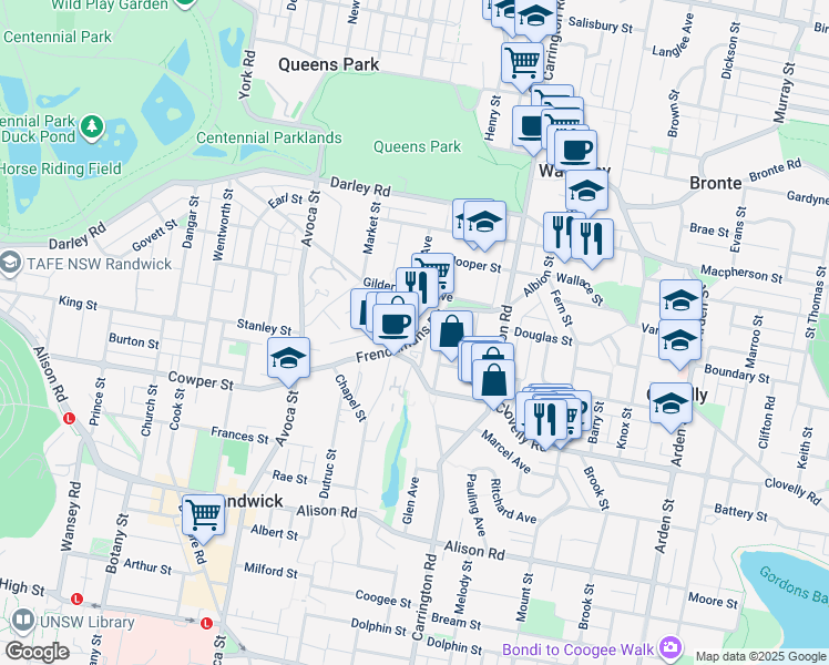 map of restaurants, bars, coffee shops, grocery stores, and more near 73 Frenchmans Road in Randwick
