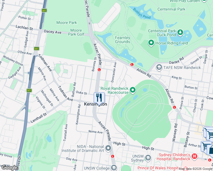 map of restaurants, bars, coffee shops, grocery stores, and more near 2 Goodwood Street in Kensington