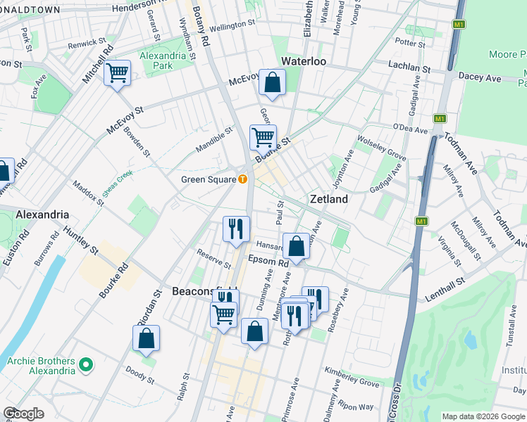 map of restaurants, bars, coffee shops, grocery stores, and more near 18 Paul Street in Zetland