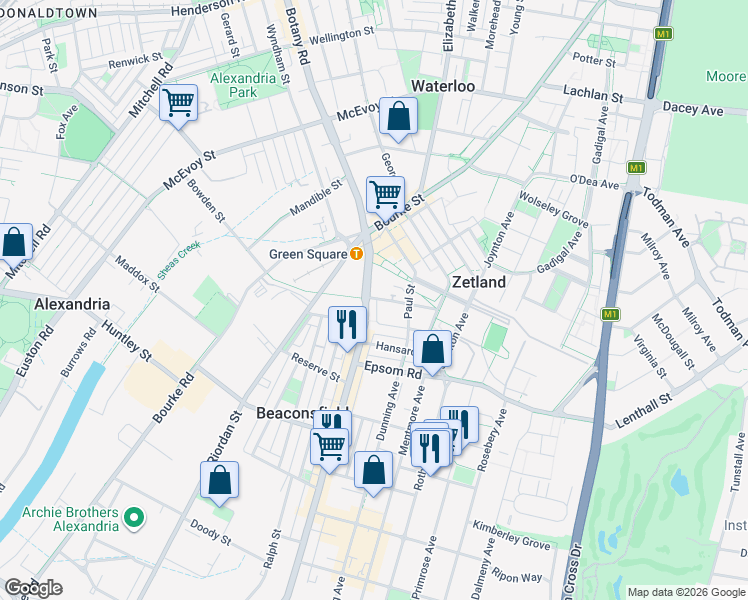 map of restaurants, bars, coffee shops, grocery stores, and more near 499 Botany Road in Zetland