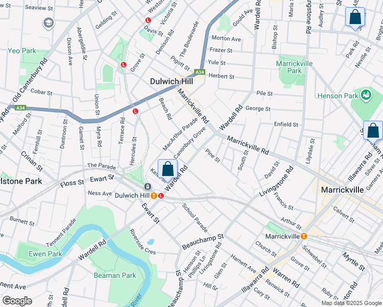 map of restaurants, bars, coffee shops, grocery stores, and more near 191 Wardell Road in Dulwich Hill