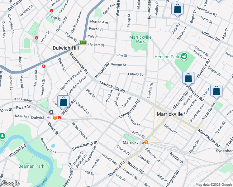 map of restaurants, bars, coffee shops, grocery stores, and more near 3 Robert Street in Marrickville