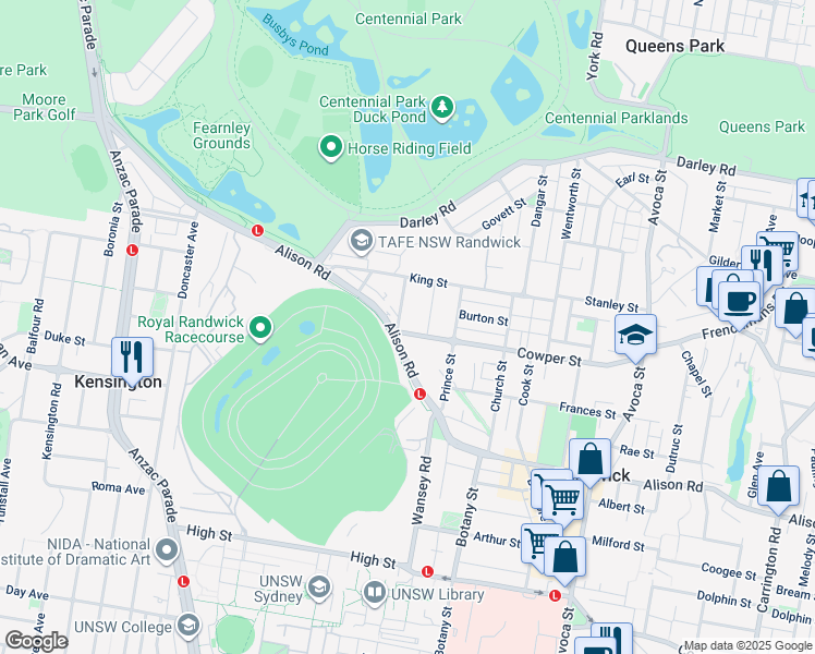 map of restaurants, bars, coffee shops, grocery stores, and more near 17 William Street in Randwick