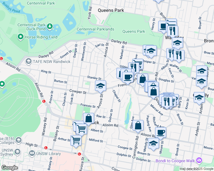 map of restaurants, bars, coffee shops, grocery stores, and more near 5 Astolat Street in Randwick