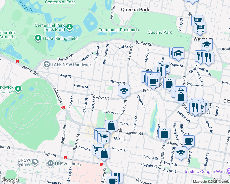 map of restaurants, bars, coffee shops, grocery stores, and more near 11A Randwick Street in Randwick