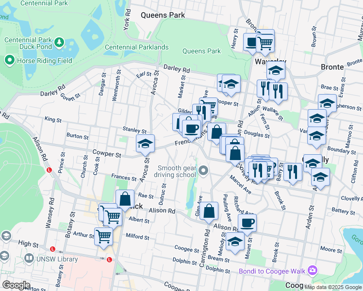 map of restaurants, bars, coffee shops, grocery stores, and more near 36 Frenchmans Road in Randwick