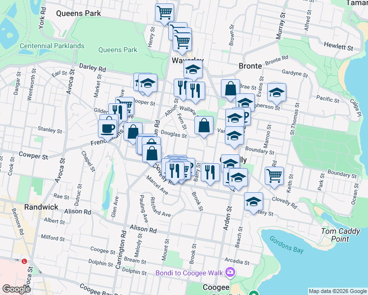 map of restaurants, bars, coffee shops, grocery stores, and more near 58 Fern Street in Randwick