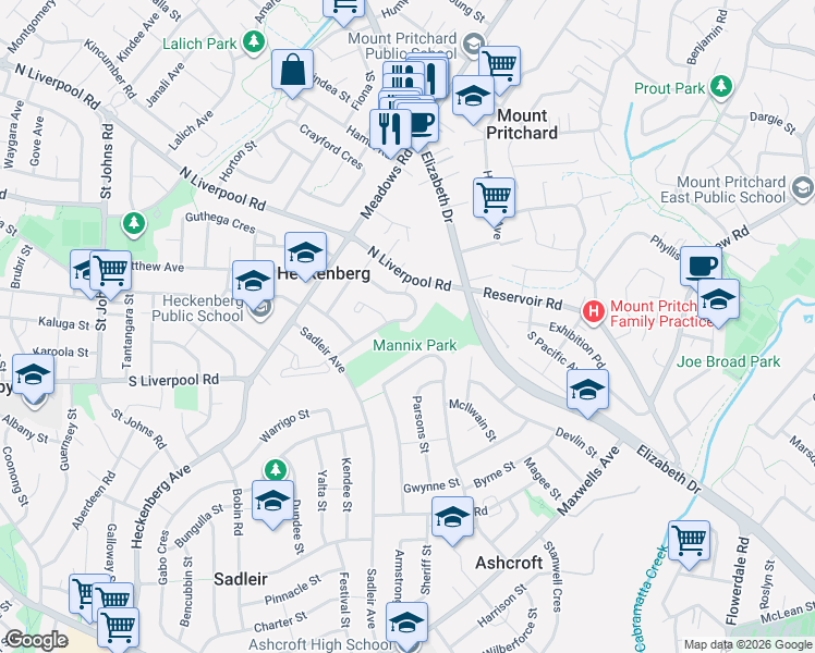 map of restaurants, bars, coffee shops, grocery stores, and more near 67 Tumbarumba Crescent in Heckenberg