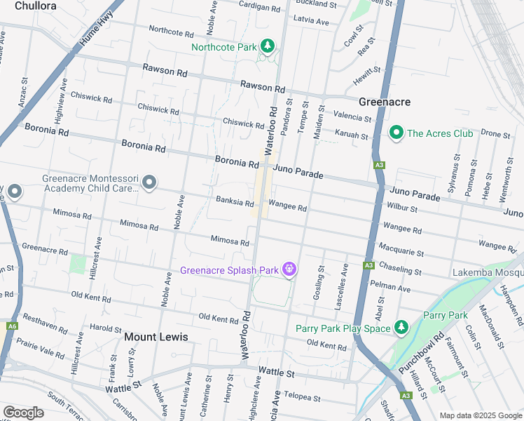 map of restaurants, bars, coffee shops, grocery stores, and more near 139 Waterloo Road in Greenacre