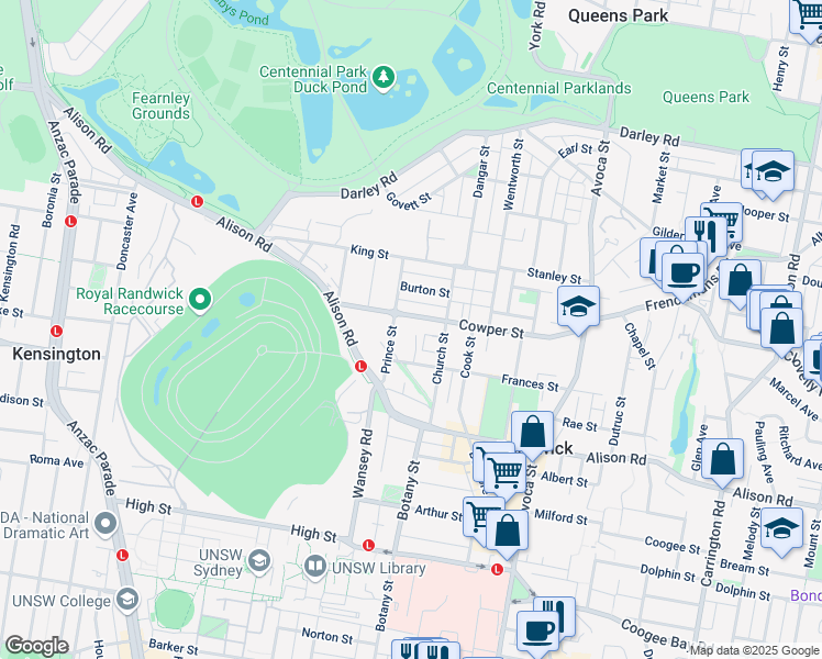 map of restaurants, bars, coffee shops, grocery stores, and more near 30 Cowper Street in Randwick