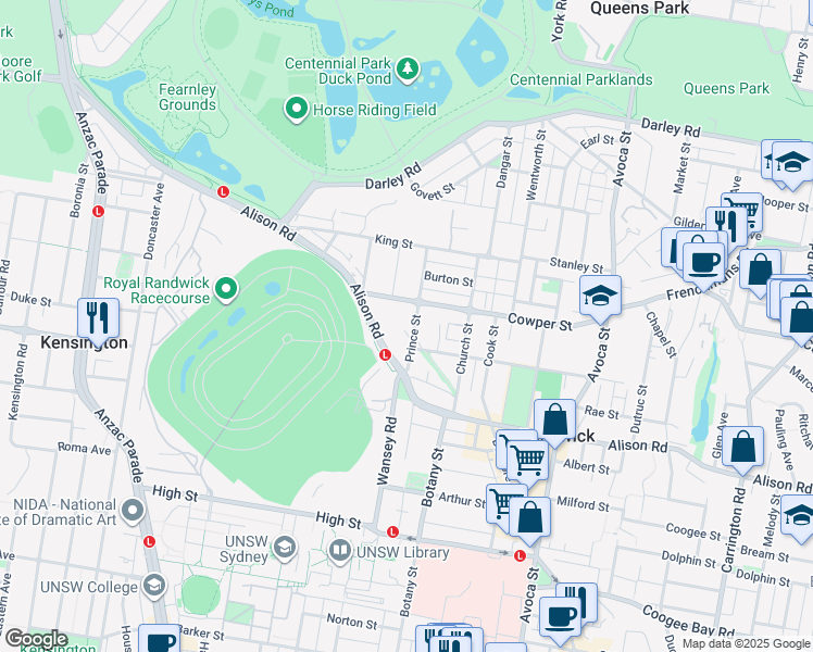 map of restaurants, bars, coffee shops, grocery stores, and more near 36A Prince Street in Randwick