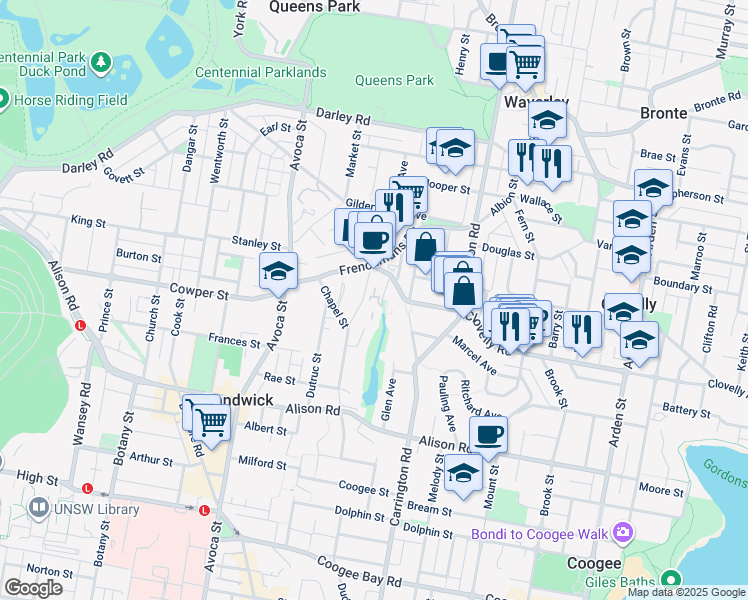 map of restaurants, bars, coffee shops, grocery stores, and more near 6 Bligh Place in Randwick