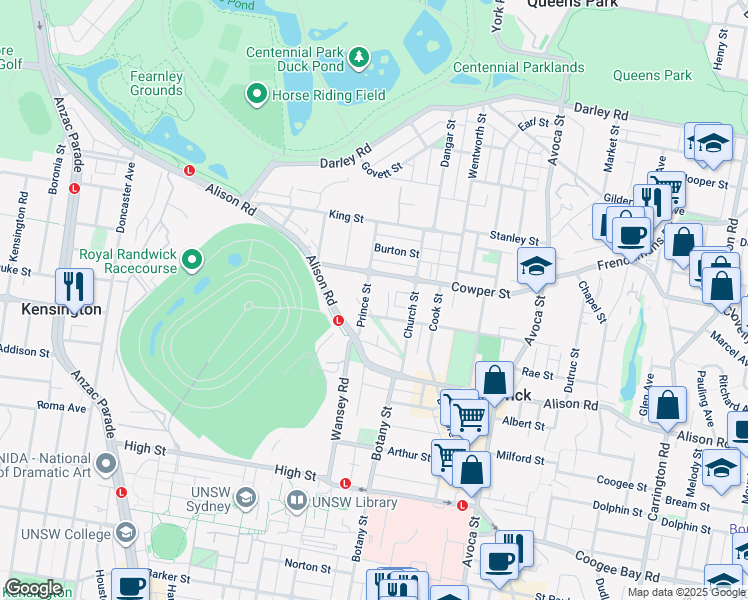 map of restaurants, bars, coffee shops, grocery stores, and more near 27 Prince Street in Randwick