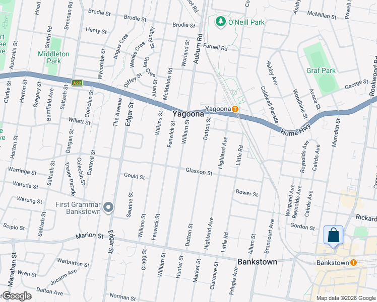 map of restaurants, bars, coffee shops, grocery stores, and more near 217 William Street in Yagoona