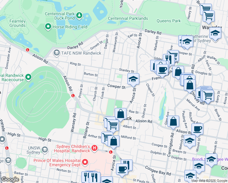 map of restaurants, bars, coffee shops, grocery stores, and more near 9 The Avenue in Randwick