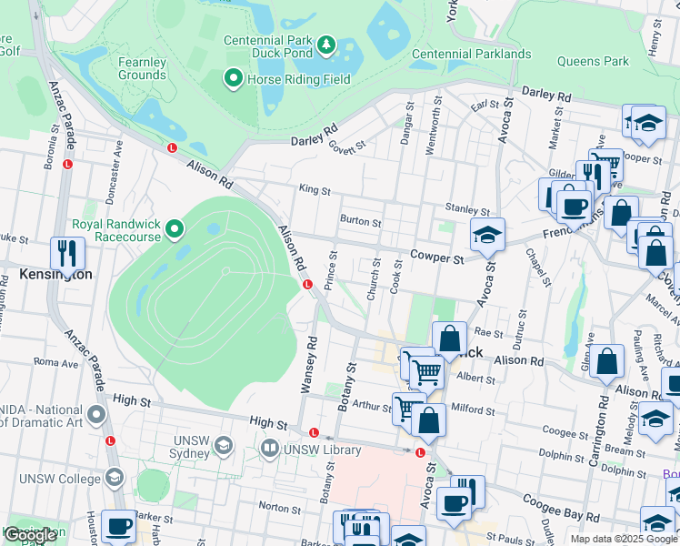 map of restaurants, bars, coffee shops, grocery stores, and more near 31 Prince Street in Randwick