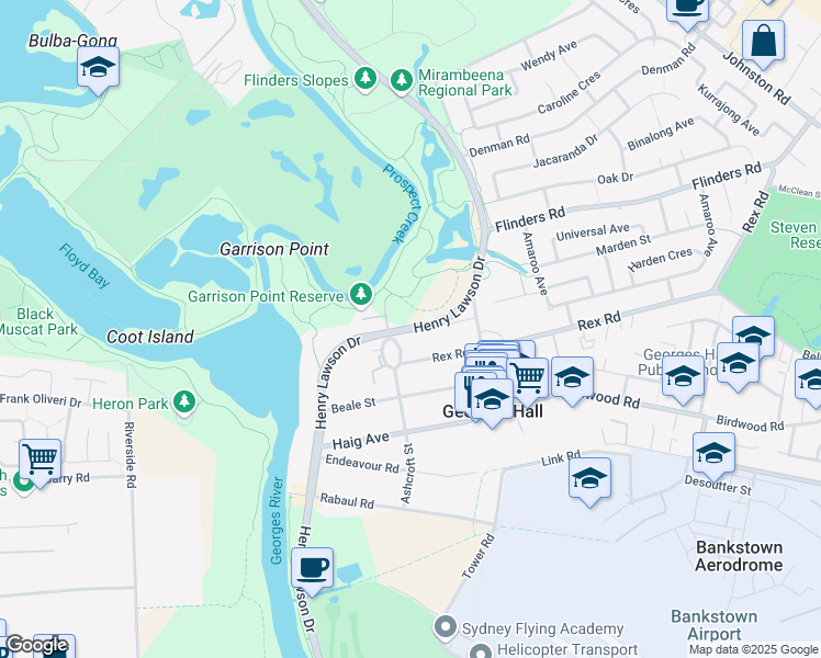 map of restaurants, bars, coffee shops, grocery stores, and more near Henry Lawson Drive in Georges Hall