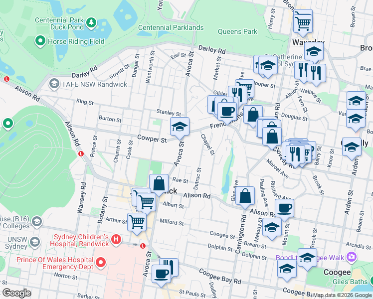 map of restaurants, bars, coffee shops, grocery stores, and more near 65-69 Avoca Street in Randwick