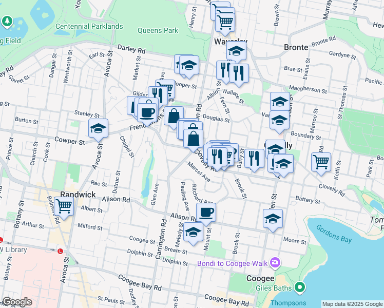 map of restaurants, bars, coffee shops, grocery stores, and more near 81A Carrington Road in Randwick