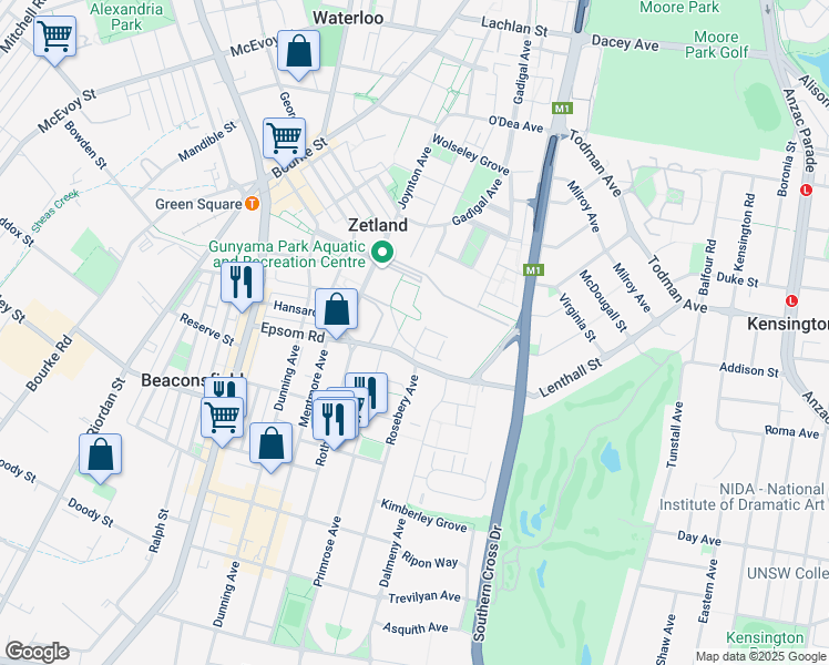 map of restaurants, bars, coffee shops, grocery stores, and more near 94 Epsom Road in Zetland