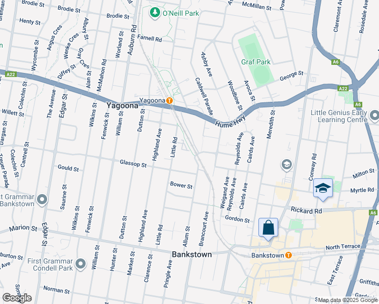 map of restaurants, bars, coffee shops, grocery stores, and more near 83 Little Road in Yagoona