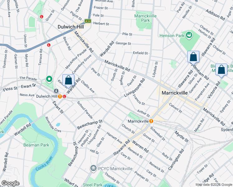 map of restaurants, bars, coffee shops, grocery stores, and more near 3 Hollands Avenue in Marrickville