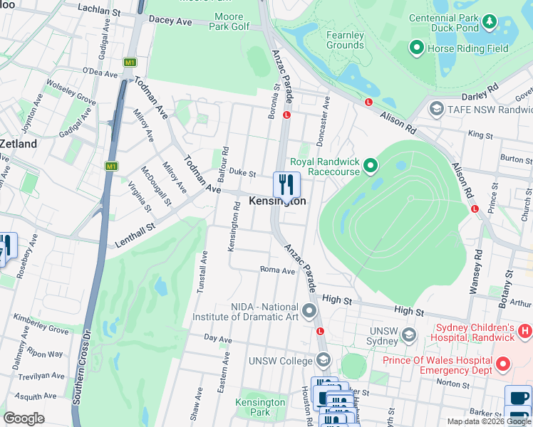 map of restaurants, bars, coffee shops, grocery stores, and more near 147-151 Anzac Parade in Kensington