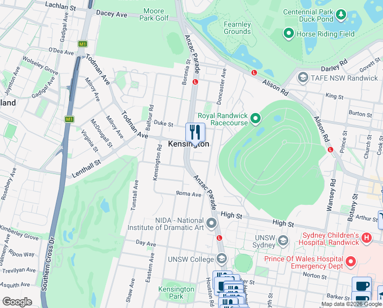 map of restaurants, bars, coffee shops, grocery stores, and more near 198 Anzac Parade in Kensington