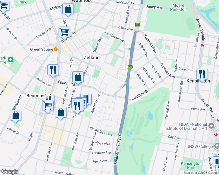 map of restaurants, bars, coffee shops, grocery stores, and more near 116 Epsom Road in Zetland