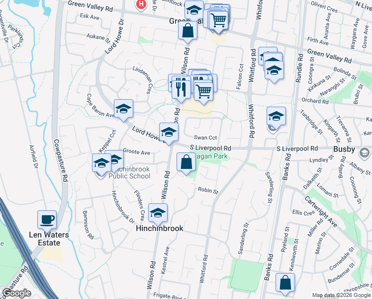 map of restaurants, bars, coffee shops, grocery stores, and more near 220 South Liverpool Road in Hinchinbrook