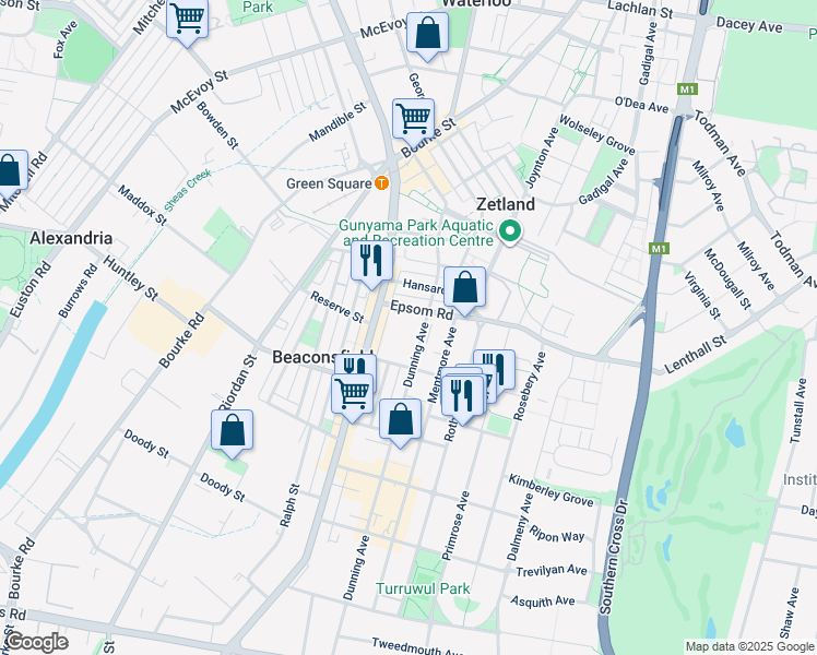 map of restaurants, bars, coffee shops, grocery stores, and more near 26-34 Dunning Avenue in Rosebery