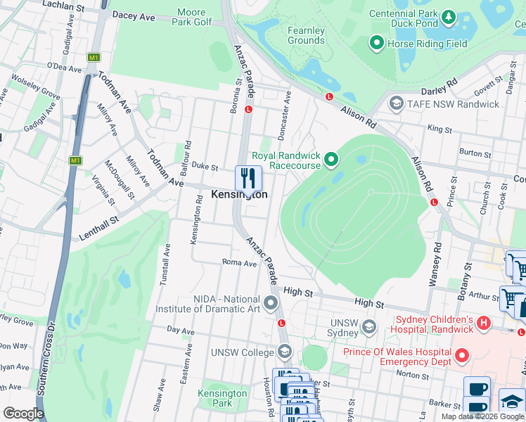 map of restaurants, bars, coffee shops, grocery stores, and more near 85 Doncaster Avenue in Kensington