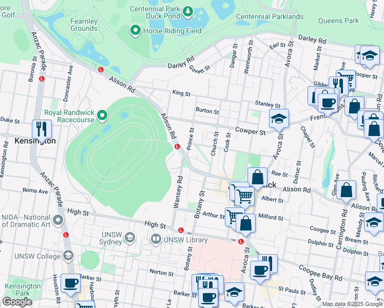 map of restaurants, bars, coffee shops, grocery stores, and more near 45 Prince Street in Randwick