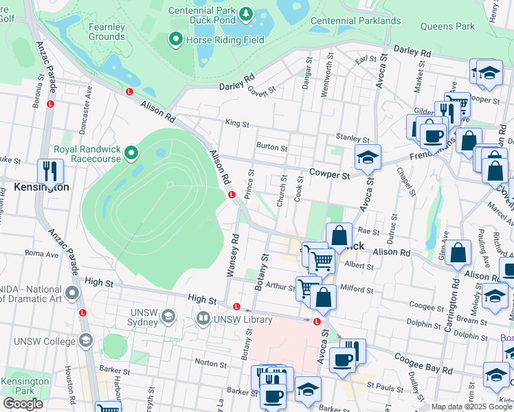 map of restaurants, bars, coffee shops, grocery stores, and more near 2 Kynaston Avenue in Randwick