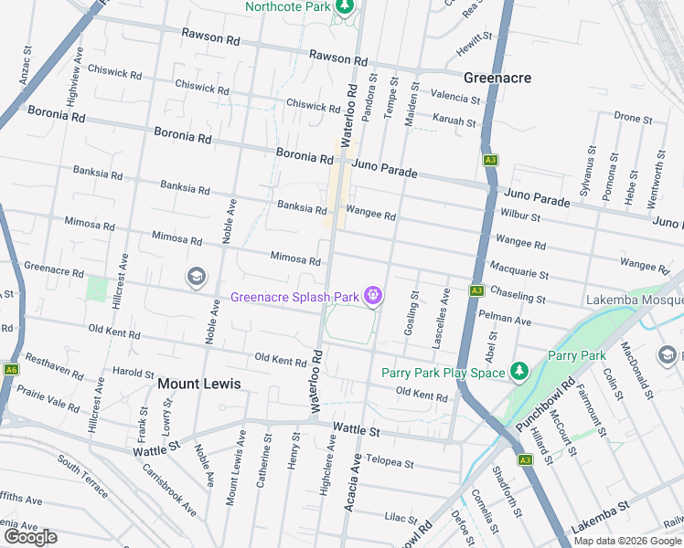 map of restaurants, bars, coffee shops, grocery stores, and more near 105 Waterloo Road in Greenacre