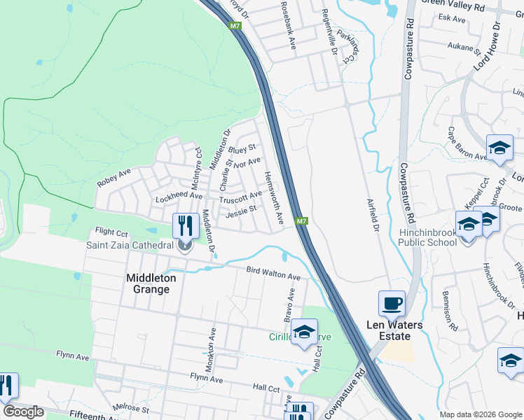 map of restaurants, bars, coffee shops, grocery stores, and more near 29 Jessie Street in Middleton Grange