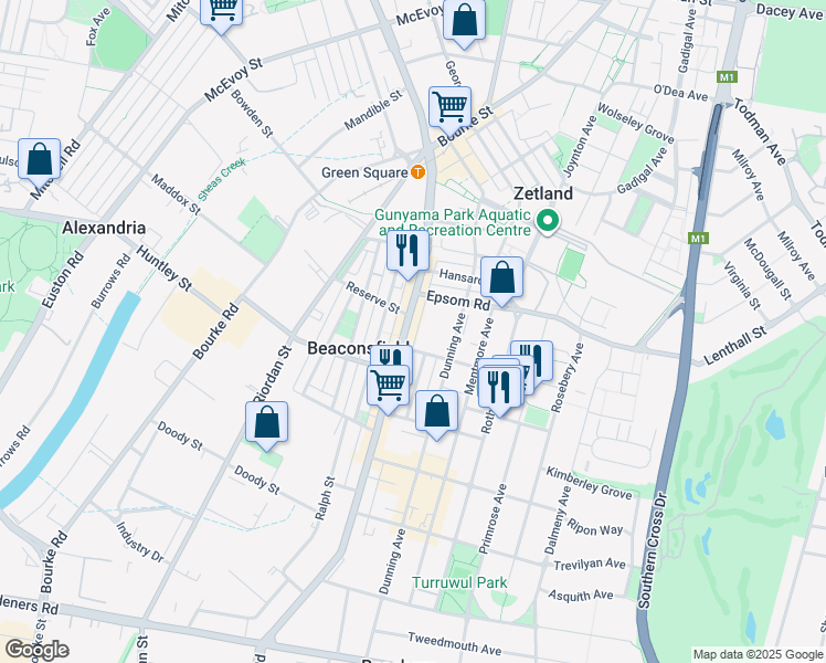 map of restaurants, bars, coffee shops, grocery stores, and more near 603 Botany Road in Rosebery