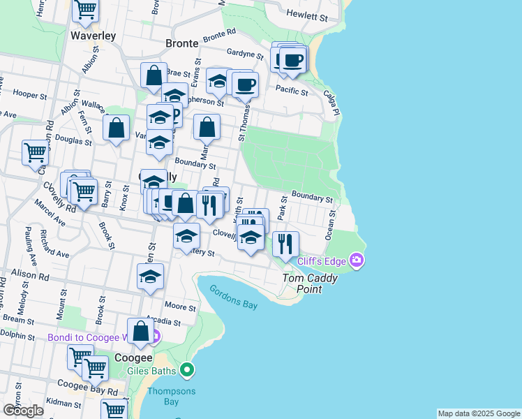 map of restaurants, bars, coffee shops, grocery stores, and more near 8 Blackwood Avenue in Clovelly