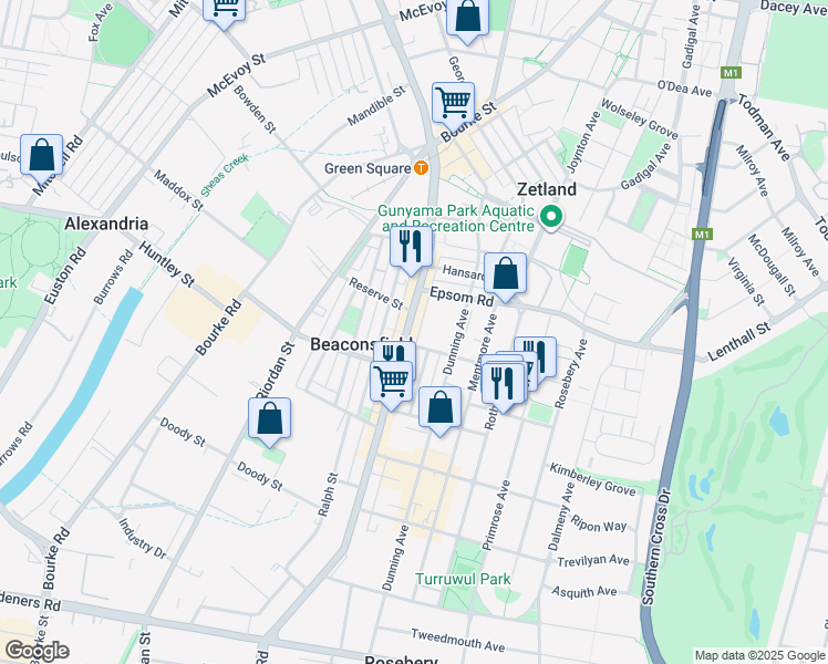 map of restaurants, bars, coffee shops, grocery stores, and more near 603 Botany Road in Rosebery