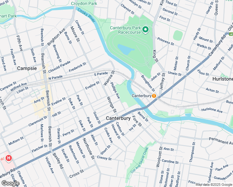 map of restaurants, bars, coffee shops, grocery stores, and more near Phillips Avenue in Canterbury