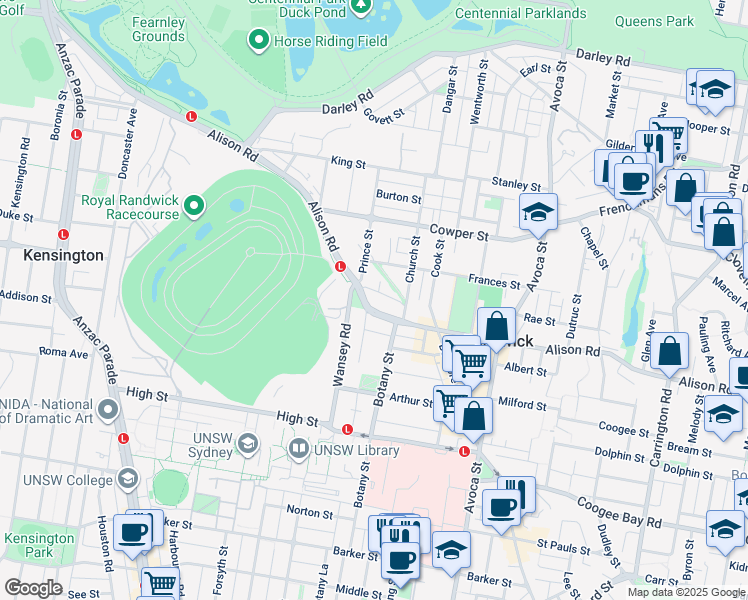 map of restaurants, bars, coffee shops, grocery stores, and more near 118 Alison Road in Randwick