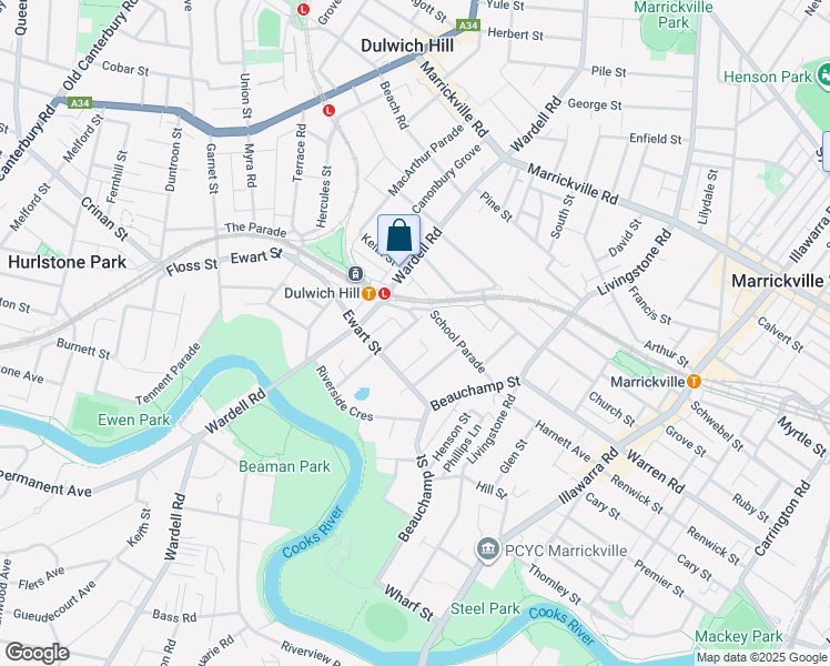 map of restaurants, bars, coffee shops, grocery stores, and more near 20 Bayley Street in Marrickville