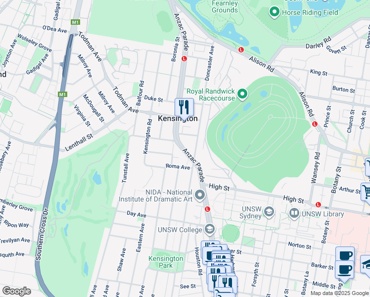 map of restaurants, bars, coffee shops, grocery stores, and more near 260 Anzac Parade in Kensington
