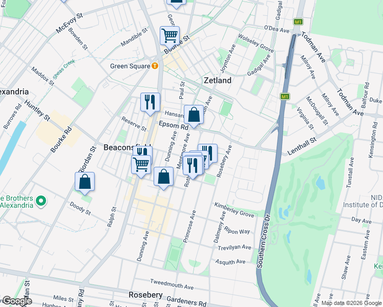 map of restaurants, bars, coffee shops, grocery stores, and more near 24 Rothschild Avenue in Rosebery