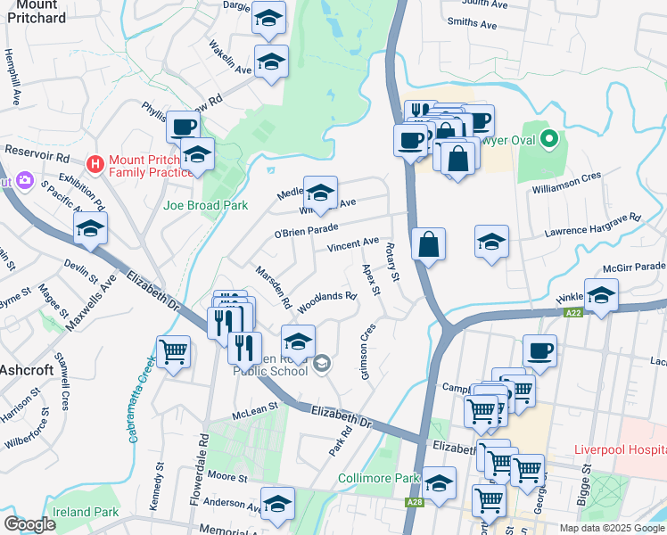 map of restaurants, bars, coffee shops, grocery stores, and more near 14 Vincent Avenue in Liverpool